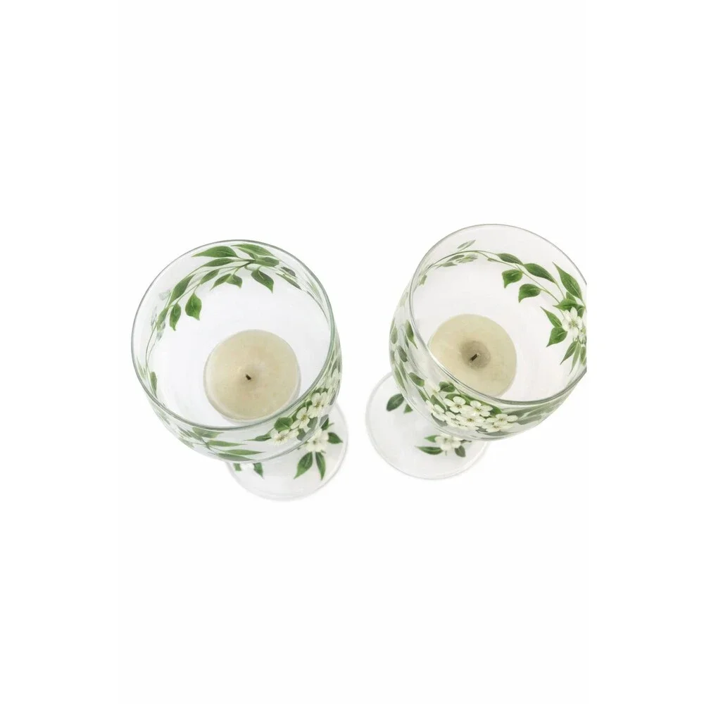 Two Frosted Hand Painted Floral Hummingbird Wine Glasses/Candle Holder 12oz 8